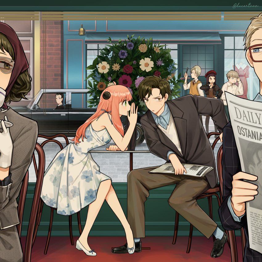 3girls, 5boys, absurdres, anya_(spy_x_family), bare_shoulders, becky_blackbell, blue_eyes, blue_shirt