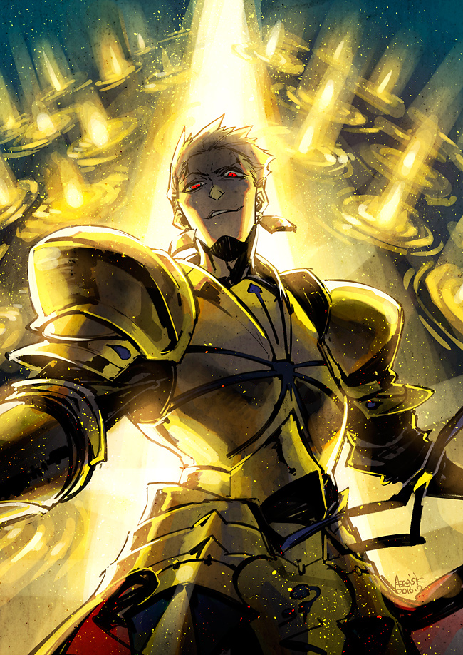 1boy, akagishi_k, armor, artist_name, blonde_hair, breastplate, dated, earrings, fate_(series), gate_of_babylon_(fate), gilgamesh_(fate), grin, jewelry, looking_at_viewer, male_focus, outstretched_arms, pauldrons, red_eyes, short_hair, shoulder_armor, smile, solo, spread_arms, upper_body, very_short_hair