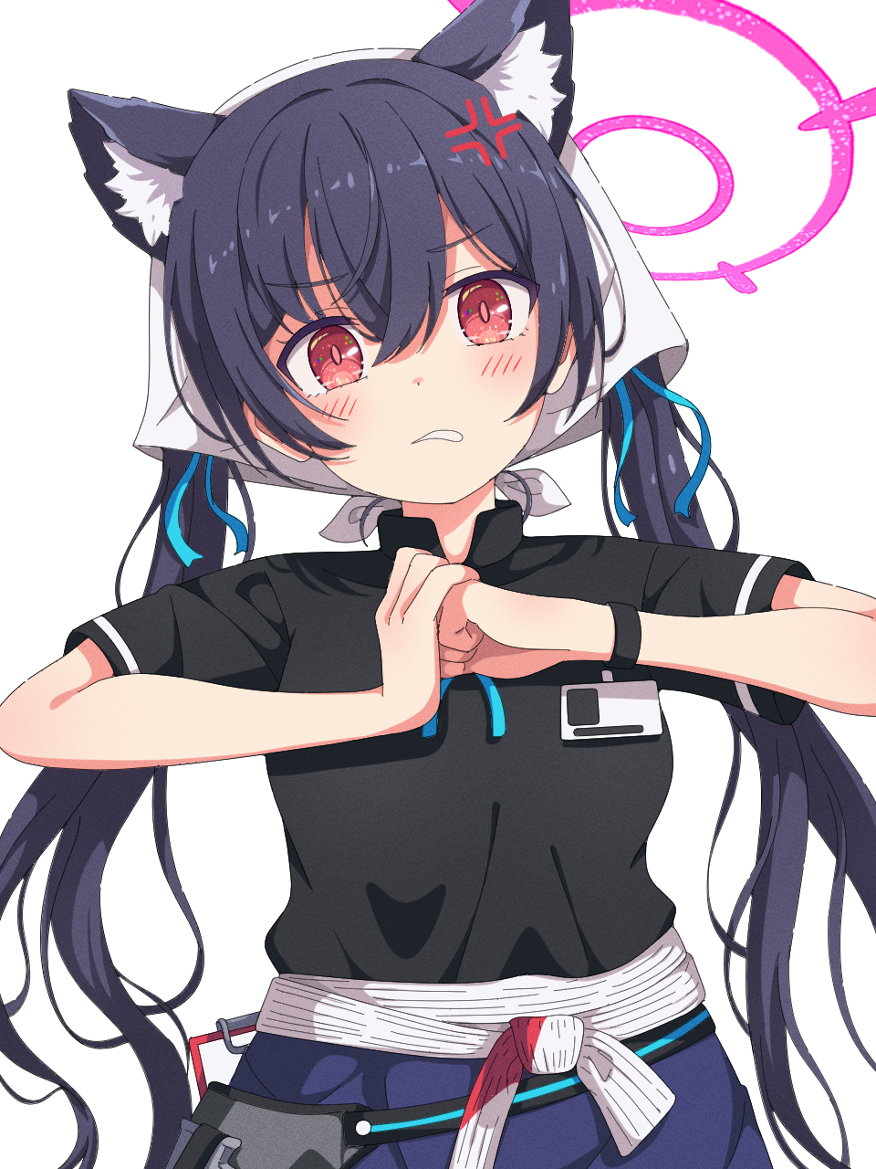 1girl, anger_vein, angry, animal_ear_fluff, animal_ears, black_hair, black_shirt, blue_archive