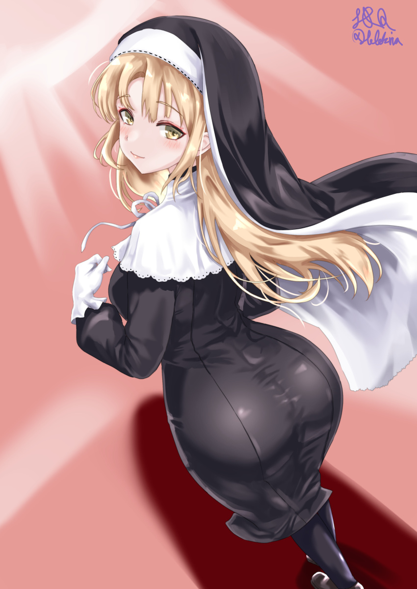 1girl, absurdres, ass, black_leggings, blonde_hair, commentary, gloves, highres
