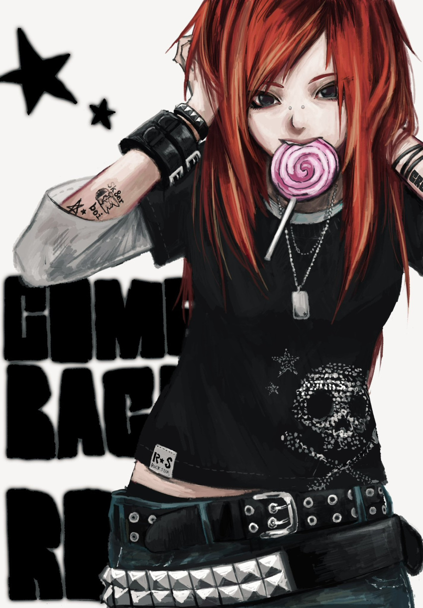 1girl, arm_tattoo, belt, black_eyes, black_shirt, bracelet, bridge_piercing, candy
