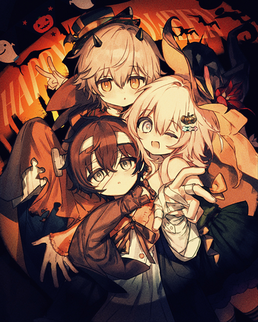 1girl, 2boys, absurdres, alternate_costume, back_bow, bandaged_hand, bandaged_head, bandages