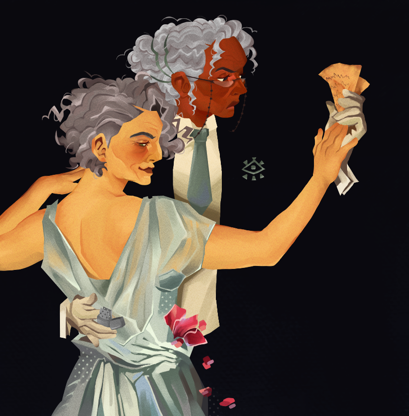 2girls, aquiline_nose, black_eyes, capybandit, cheekbones, crow's_feet, curly_hair, dancing