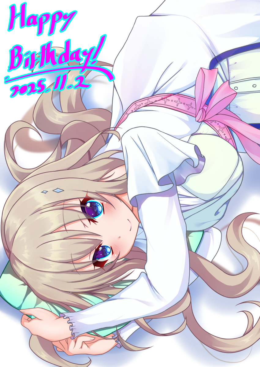 1girl, 2025, 9-nine-, arms_up, axl11hikari, blue_eyes, blush, bow, breasts, brown_hair, casual, closed_mouth, commentary_request, cowboy_shot, dated, diamond_hair_ornament, dress, dress_bow, dutch_angle, eyes_visible_through_hair, hair_between_eyes, hair_spread_out, happy, happy_birthday, head_on_pillow, highres, hugging_object, kujou_miyako, large_breasts, long_hair, long_sleeves, looking_at_viewer, lying, on_side, pillow, pillow_hug, pink_bow, shadow, simple_background, smile, solo, upside-down, very_long_hair, white_background, white_dress