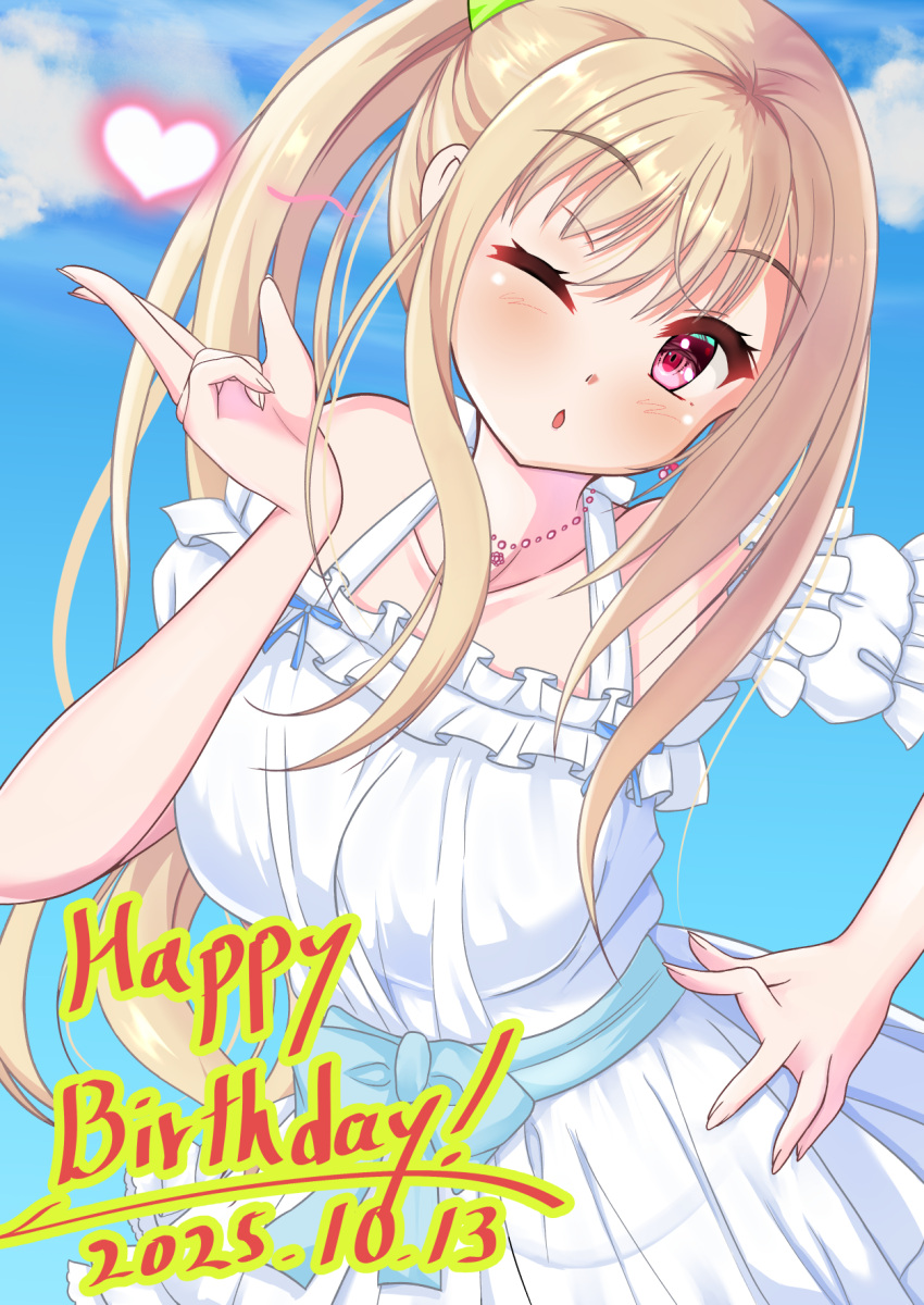 1girl, 2025, ;o, axl11hikari, bare_shoulders, blonde_hair, blowing_kiss, blue_bow