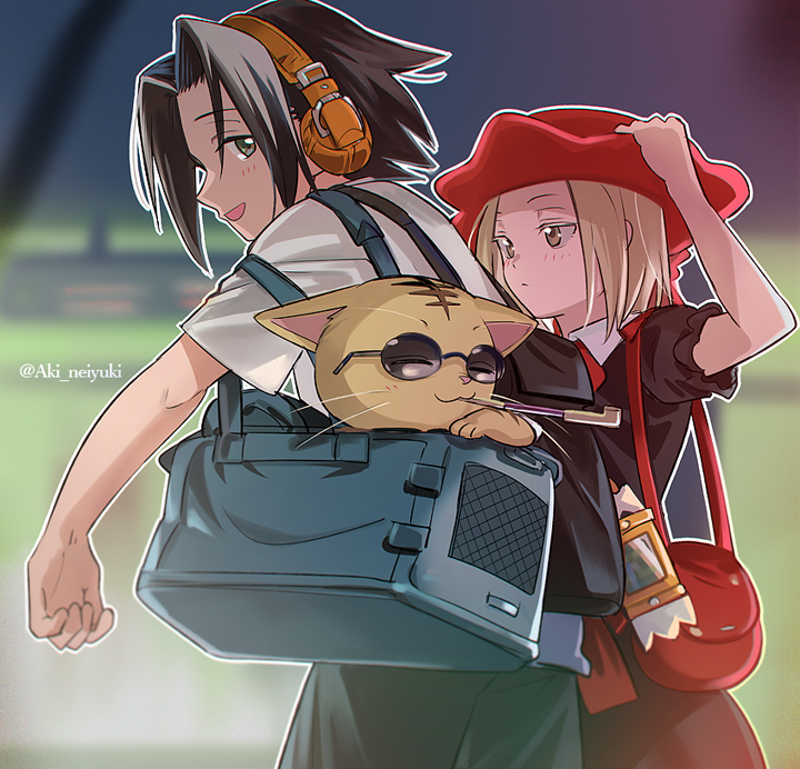 1boy, 1girl, aki_(neyuki41028), asakura_yoh, black_dress, black_eyes, black_hair, brown_eyes