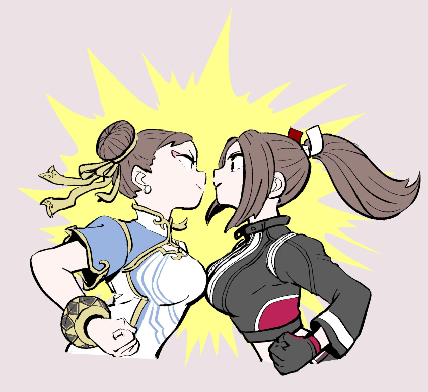 2girls, akiman_pose, black_gloves, bracelet, breast_press, breasts, chun-li, cropped_jacket, crossover, double_bun, earrings, eye_contact, eyeshadow, fatal_fury, fatal_fury:_city_of_the_wolves, gloves, hair_bun, hair_ribbon, highres, jewelry, kangyaku, large_breasts, looking_at_another, makeup, motoyui, multiple_girls, pearl_earrings, ponytail, ribbon, rivalry, shiranui_mai, smile, street_fighter, street_fighter_6, symmetrical_docking, upper_body, yellow_ribbon