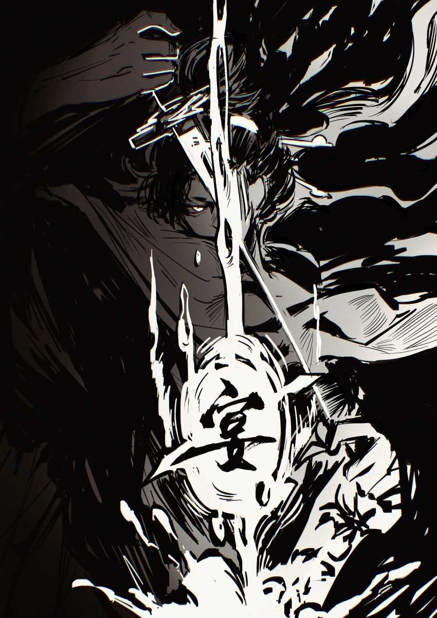 1boy, absurdres, chinese_commentary, cloak, commentary, glowing, glowing_eyes, greyscale