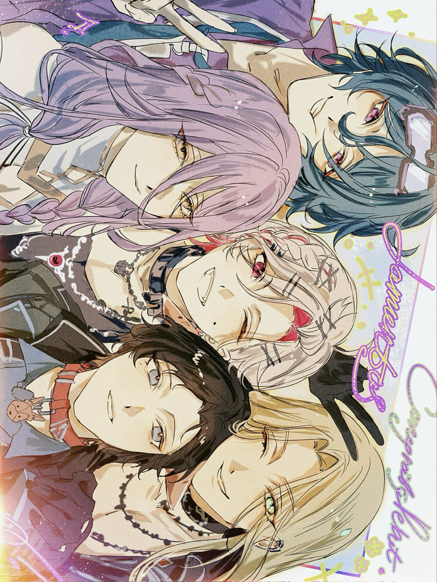 5boys, animal_ears, ashkariel, black_choker, black_gloves, black_hair, blonde_hair, blue_eyes