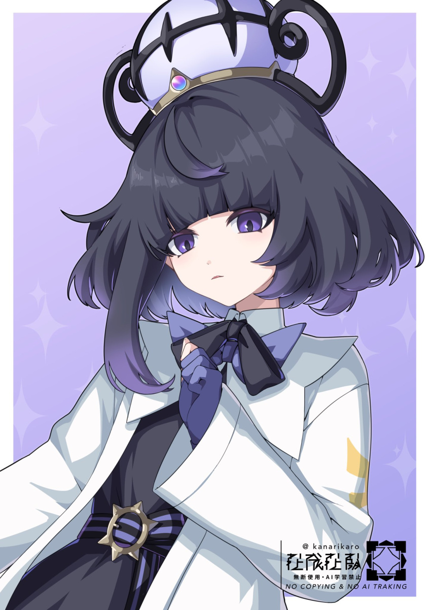 1girl, belt, belt_buckle, black_dress, black_hair, border, buckle, coat