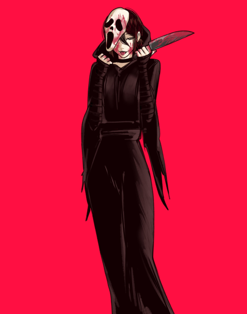 1girl, absurdres, black_choker, black_robe, blood, blood_on_face, blood_on_knife, blood_on_mask