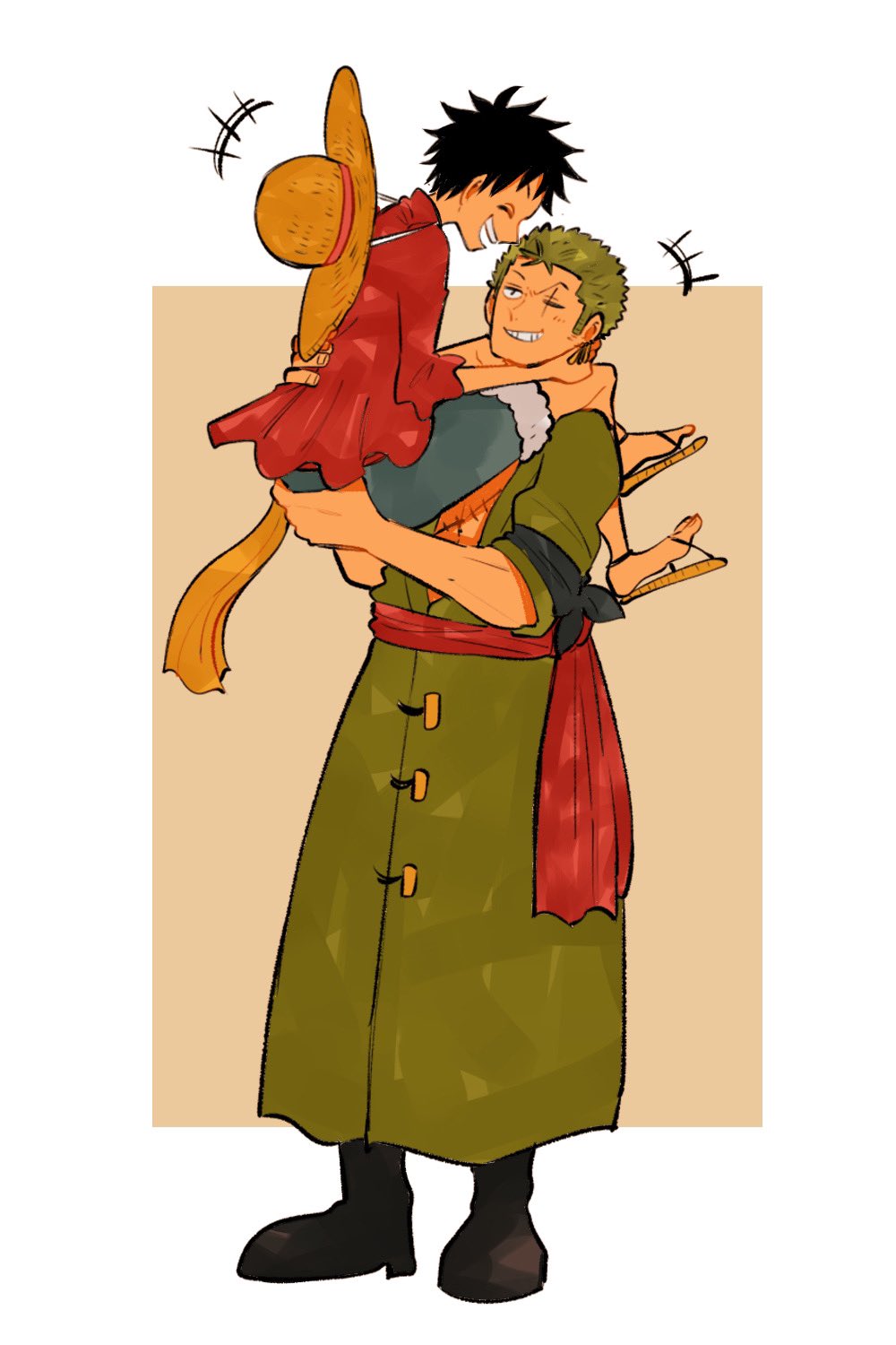 2boys, ^_^, bandana_around_arm, black_hair, blue_shorts, boots, carrying, carrying_person, closed_eyes, commentary_request, earrings, full_body, green_hair, green_kimono, hat, highres, japanese_clothes, jewelry, kimono, looking_at_another, male_focus, monkey_d._luffy, mugiwarakuroko, multiple_boys, one_eye_closed, one_piece, red_shirt, roronoa_zoro, sandals, sash, shirt, short_hair, shorts, smile, stitched_torso, stitches, straw_hat, v-shaped_eyebrows