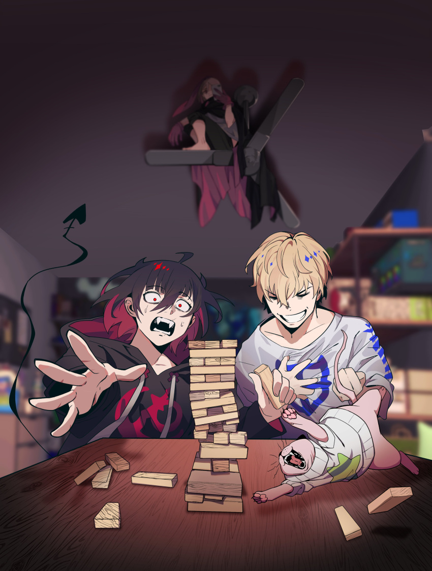 1girl, 2boys, :o, absurdres, ahoge, animal, bags_under_eyes, barefoot