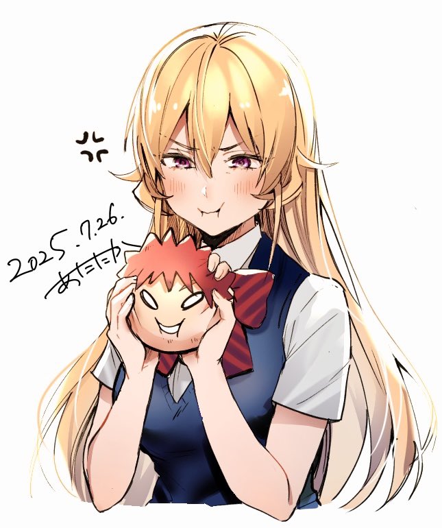 1girl, anger_vein, blonde_hair, blue_sweater_vest, blush, bow, bowtie, breasts, closed_mouth, cropped_torso, dated, diagonal-striped_bow, diagonal-striped_bowtie, diagonal-striped_clothes, double-parted_bangs, hair_between_eyes, iroiro_suruyo, large_breasts, long_hair, nakiri_erina, pout, shirt, shokugeki_no_souma, short_sleeves, signature, simple_background, solo, stress_toy, striped_bow, striped_bowtie, striped_clothes, sweater_vest, tootsuki_saryou_ryouri_gakuen_uniform, very_long_hair, violet_eyes, white_background, white_shirt, yukihira_souma