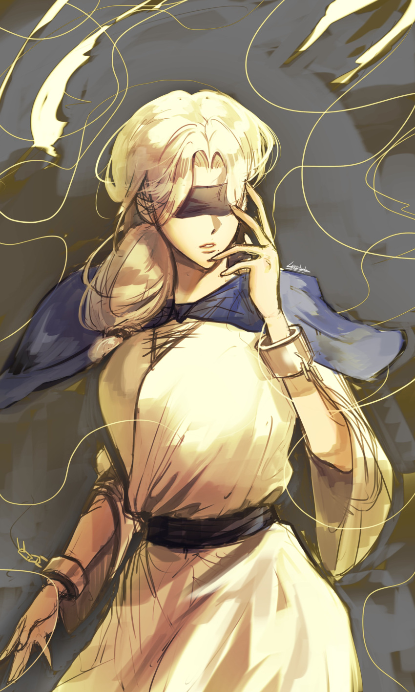 1girl, absurdres, blindfold, blonde_hair, blue_capelet, breasts, broken, broken_chain