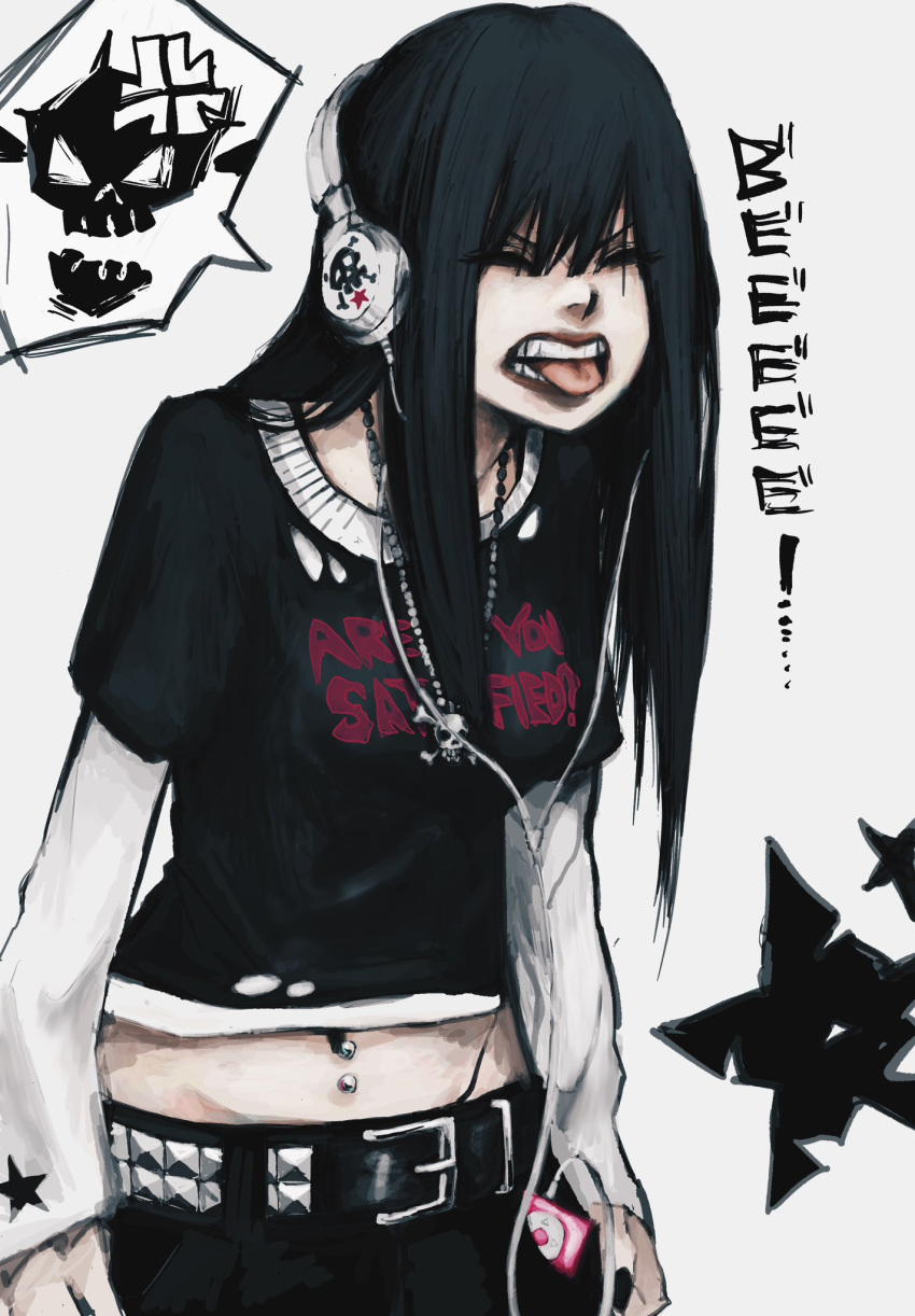 1girl, bead_necklace, beads, belt, black_belt, black_hair, black_nails, black_pants, clenched_teeth, closed_eyes, commentary, crop_top, digital_media_player, emo_fashion, english_text, hands_on_own_hips, headphones, highres, ipod, ipod_shuffle, jewelry, layered_sleeves, long_hair, navel_piercing, necklace, nu_punxxxz, original, pants, piercing, print_shirt, shirt, skull_necklace, solo, spoken_skull, star_(symbol), studded_belt, symbol-only_commentary, teeth, tongue, tongue_out, torn_clothes, torn_shirt
