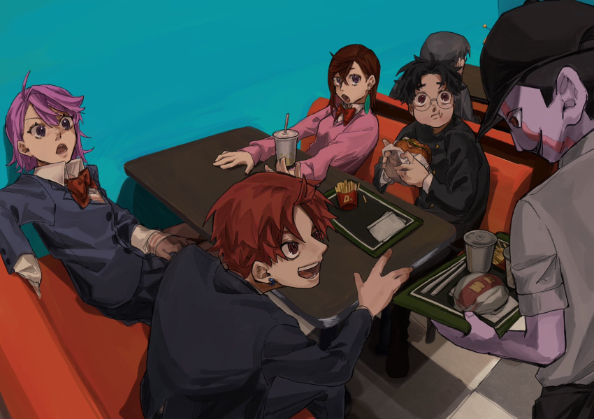 3girls, 4boys, alien, antennae, ayase_momo, baseball_cap, black_hair, black_jacket