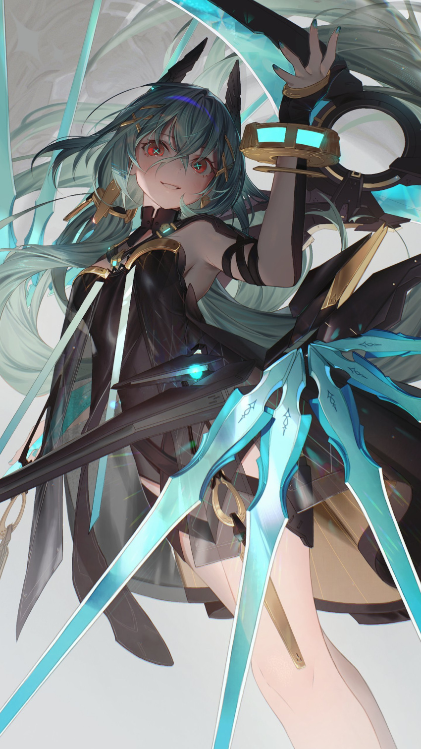 1girl, absurdres, aether_gazer, aqua_hair, aqua_pupils, armor, black_dress, black_gloves