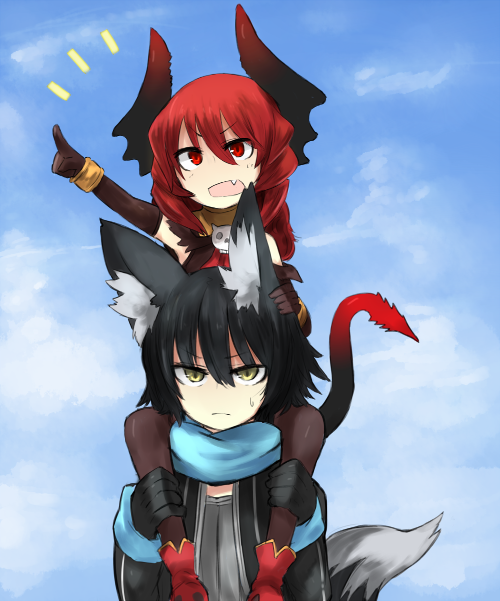 animal_ears, black_legwear, bracelet, carrying, demon_tail, elbow_gloves, fang, flower