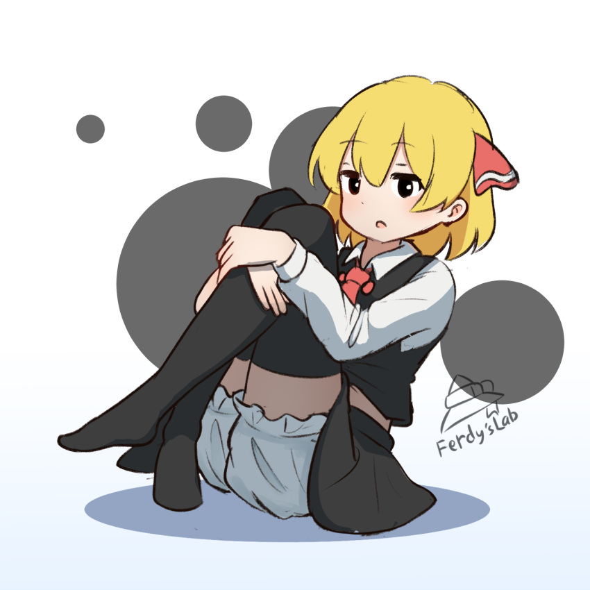 1girl, artist_name, black_eyes, black_necktie, black_skirt, black_thighhighs, black_vest, blonde_hair