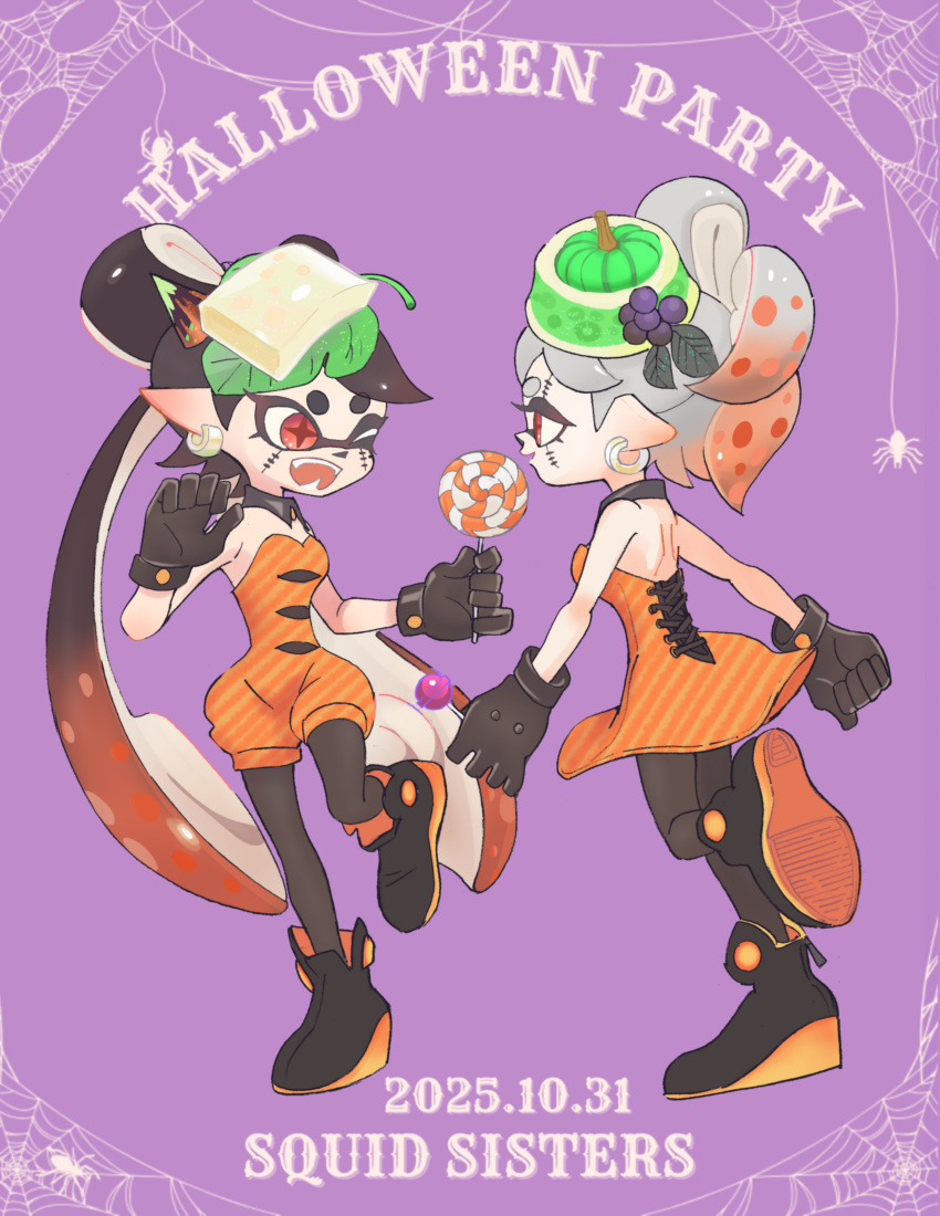 2girls, ;d, absurdres, black_gloves, black_pantyhose, black_shoes, bug, callie_(splatoon), callie_(splatoween)_(splatoon), candy, cousins, dated, dress, earrings, english_text, food, full_body, gloves, highres, jewelry, ke_sarami, leg_up, lollipop, looking_at_another, marie_(splatoon), marie_(splatoween)_(splatoon), multiple_girls, official_alternate_costume, one_eye_closed, open_mouth, orange_dress, pantyhose, pointy_ears, purple_background, red_eyes, shoes, silk, smile, spider, spider_web, splatoon_(series), splatoon_3, standing, standing_on_one_leg, stitches, strapless, strapless_dress, swirl_lollipop, teeth, tentacle_hair, twintails