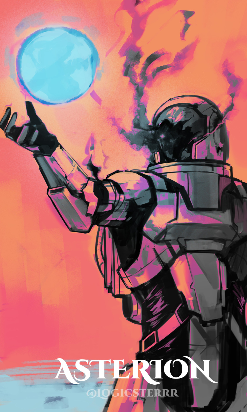 1other, absurdres, armor, asterion_(shadow_slave), blue_moon, broken_glass, commentary, cowboy_shot, english_commentary, full_moon, glass, helmet, highres, limited_palette, logicsterrr, moon, outstretched_arm, saturated, shadow_slave, smoke, solo