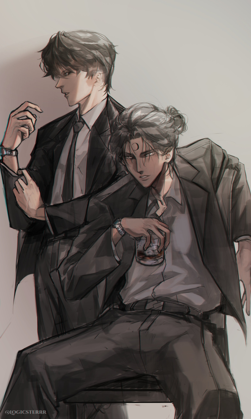 2boys, absurdres, adjusting_sleeves, black_eyes, black_hair, black_jacket, black_necktie, chair