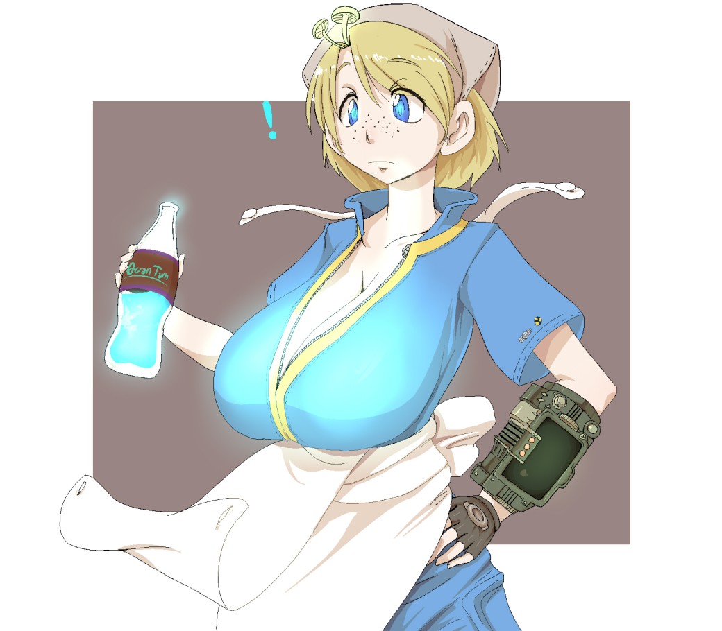 blonde_hair, blue_eyes, breast_expansion, breasts, character_request, cleavage, fallout, fallout_3