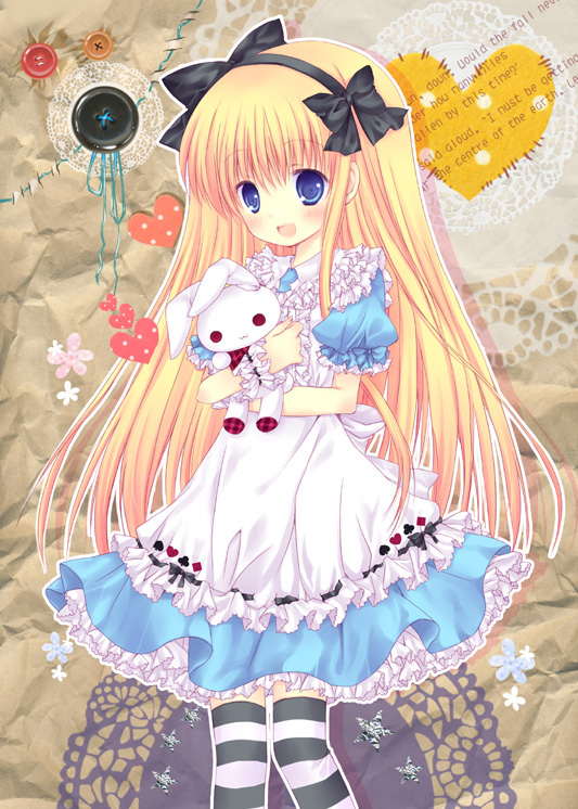 alice_(wonderland), alice_in_wonderland, blonde_hair, blue_eyes, blush, bunny, dress, hairband
