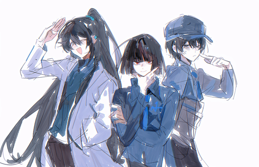 1girl, 2boys, arm_up, black_hair, black_pants, blue_coat, blue_scarf, blue_shirt, bob_cut, closed_mouth, coat, cowboy_shot, half_updo, hand_up, highres, hong_lu_(project_moon), index_finger_raised, jingshenhuanghu, limbus_company, long_hair, looking_at_viewer, multiple_boys, one_eye_closed, pants, project_moon, red_eyes, ryoshu_(project_moon), scarf, shirt, short_hair, simple_background, smile, very_long_hair, w_corp._(identity)_(project_moon), white_background, yi_sang_(project_moon)