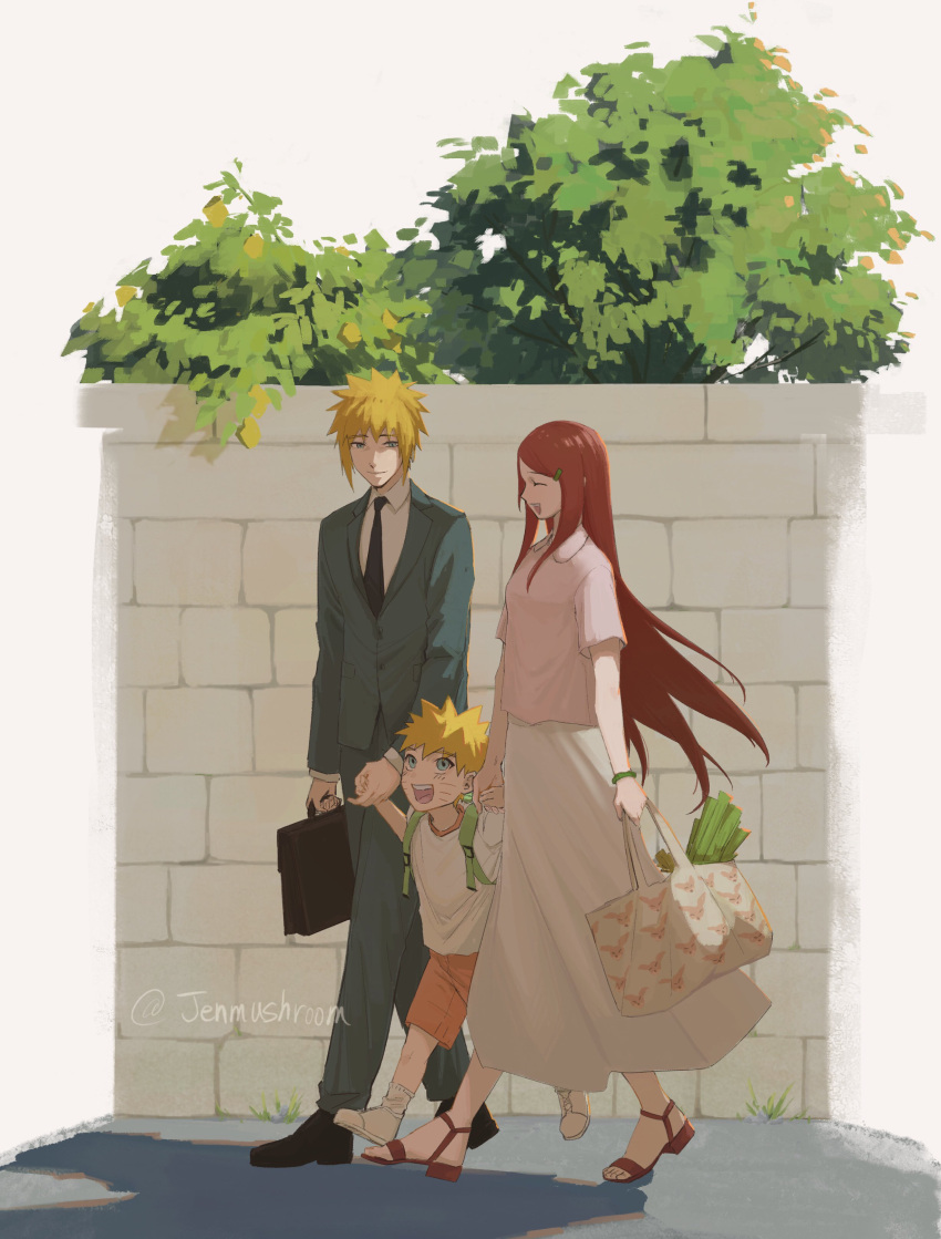 1girl, 2boys, absurdres, backpack, bag, black_necktie, black_shoes, blonde_hair