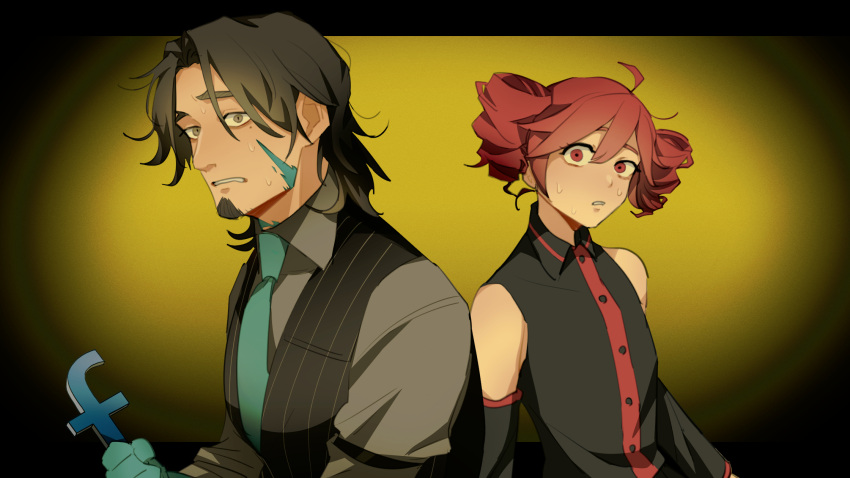 1boy, 1girl, ahoge, arm_belt, black_eyes, black_hair, black_shirt, black_vest