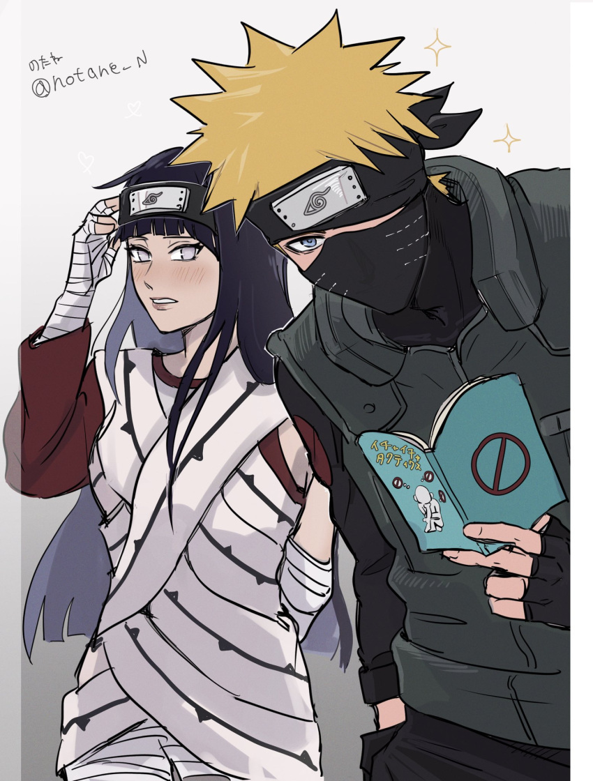 1boy, 1girl, bandaged_arm, bandages, black_gloves, black_hair, blonde_hair, blue_eyes