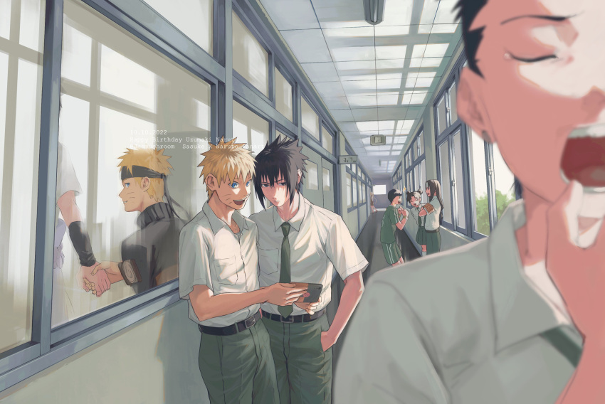 2girls, 5boys, absurdres, belt, black_belt, black_hair, black_headband, black_jacket, black_necktie, blonde_hair, blue_eyes, bowl_cut, closed_eyes, collarbone, cowboy_shot, different_reflection, double_bun, facial_mark, grey_pants, grey_skirt, hair_between_eyes, hair_bun, hand_in_pocket, hand_to_own_mouth, haruno_haruka, headband, highres, holding_hands, hyuuga_neji, jacket, jenmushroom, long_hair, male_focus, multiple_boys, multiple_girls, nara_shikamaru, naruto_(series), naruto_shippuuden, necktie, open_mouth, pants, parted_bangs, pleated_skirt, reflection, rock_lee, school, school_uniform, shirt, short_hair, skirt, smile, spiky_hair, tears, tenten_(naruto), uchiha_sasuke, upper_body, uzumaki_naruto, whisker_markings, white_shirt, yawning