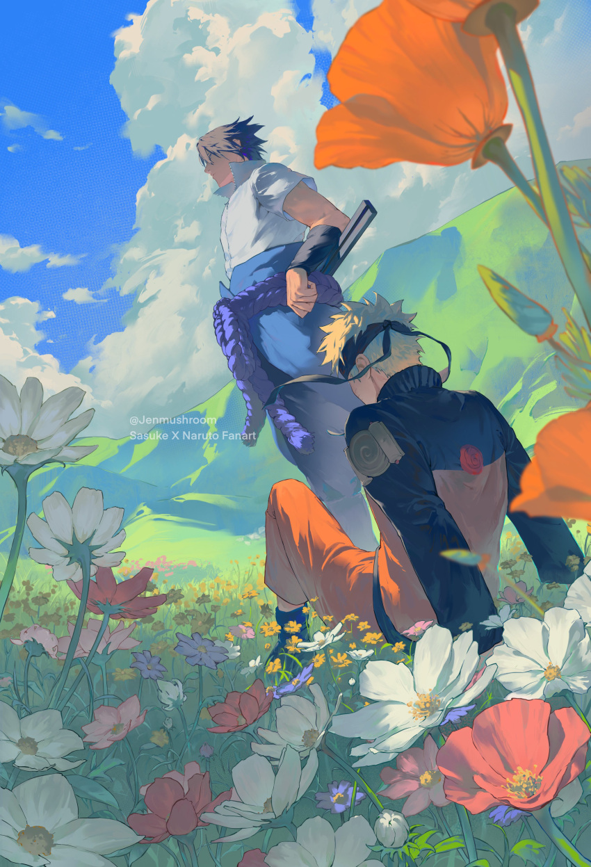 2boys, absurdres, black_hair, black_headband, black_jacket, black_pants, black_shoes, blonde_hair, clouds, cloudy_sky, field, flower, flower_field, hair_between_eyes, headband, highres, jacket, jenmushroom, jumpsuit, male_focus, multicolored_jacket, multiple_boys, naruto_(series), naruto_shippuuden, nature, orange_jacket, orange_jumpsuit, orange_pants, outdoors, pants, pink_flower, poppy_(flower), red_flower, rope_belt, shirt, shoes, short_hair, sitting, sky, spiky_hair, standing, two-tone_jacket, uchiha_sasuke, uzumaki_naruto, water, white_flower, white_shirt