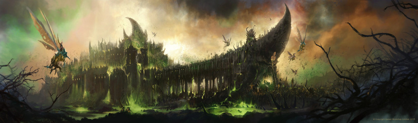 bare_tree, bug, building, castle, demon, ev_shipard, highres, liquid, official_art, outdoors, scenery, shadow, thorns, tree, warhammer_fantasy