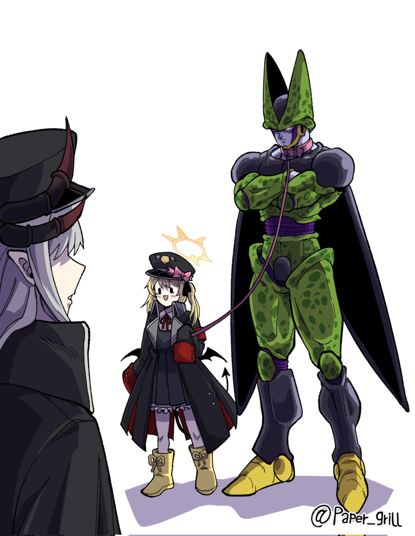 1boy, 2girls, black_wings, blonde_hair, blue_archive, blush_stickers, boots, cell_(dragon_ball)