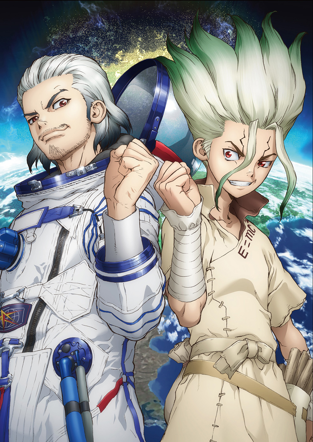 2boys, astronaut, bandaged_arm, bandages, black_hair, clenched_hand, cracked_skin, dr._stone