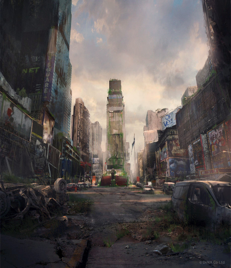 abandoned, blue_sky, broken, building, city, ev_shipard, moss, new_york_city, no_humans, original, outdoors, plant, post-apocalypse, real_world_location, ruins, scenery, sky, times_square, united_states, vines