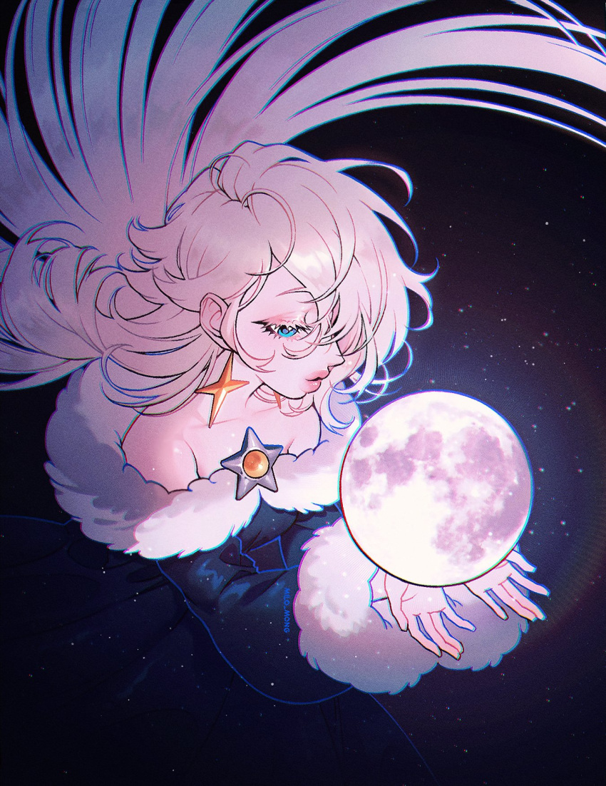 1girl, alternate_costume, bare_shoulders, black_dress, blonde_hair, blue_eyes, brooch, dress