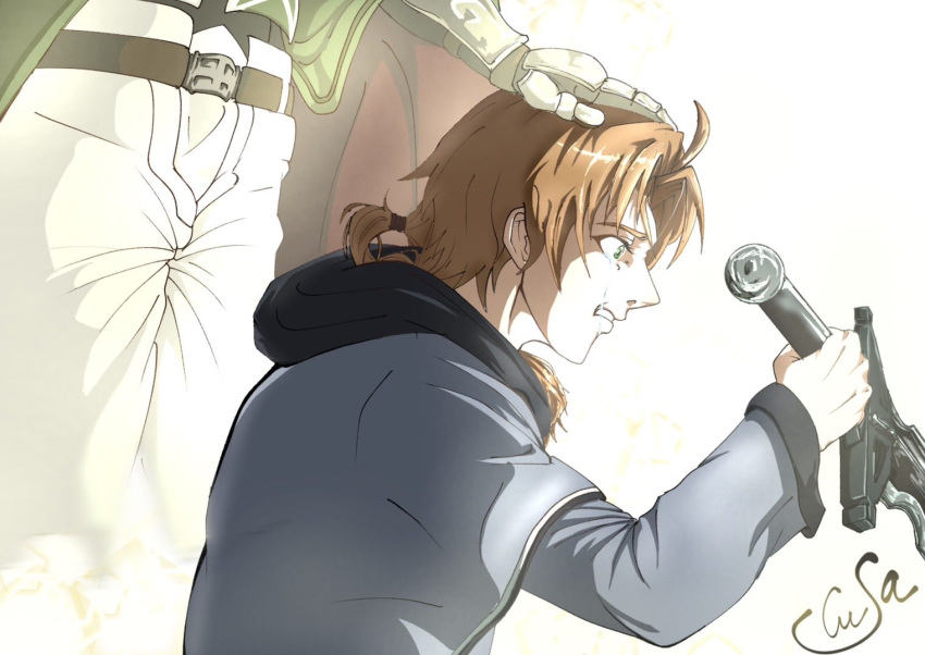 2boys, ahoge, brown_hair, crying, crying_with_eyes_open, father_and_son, gauntlets, hand_on_another's_head