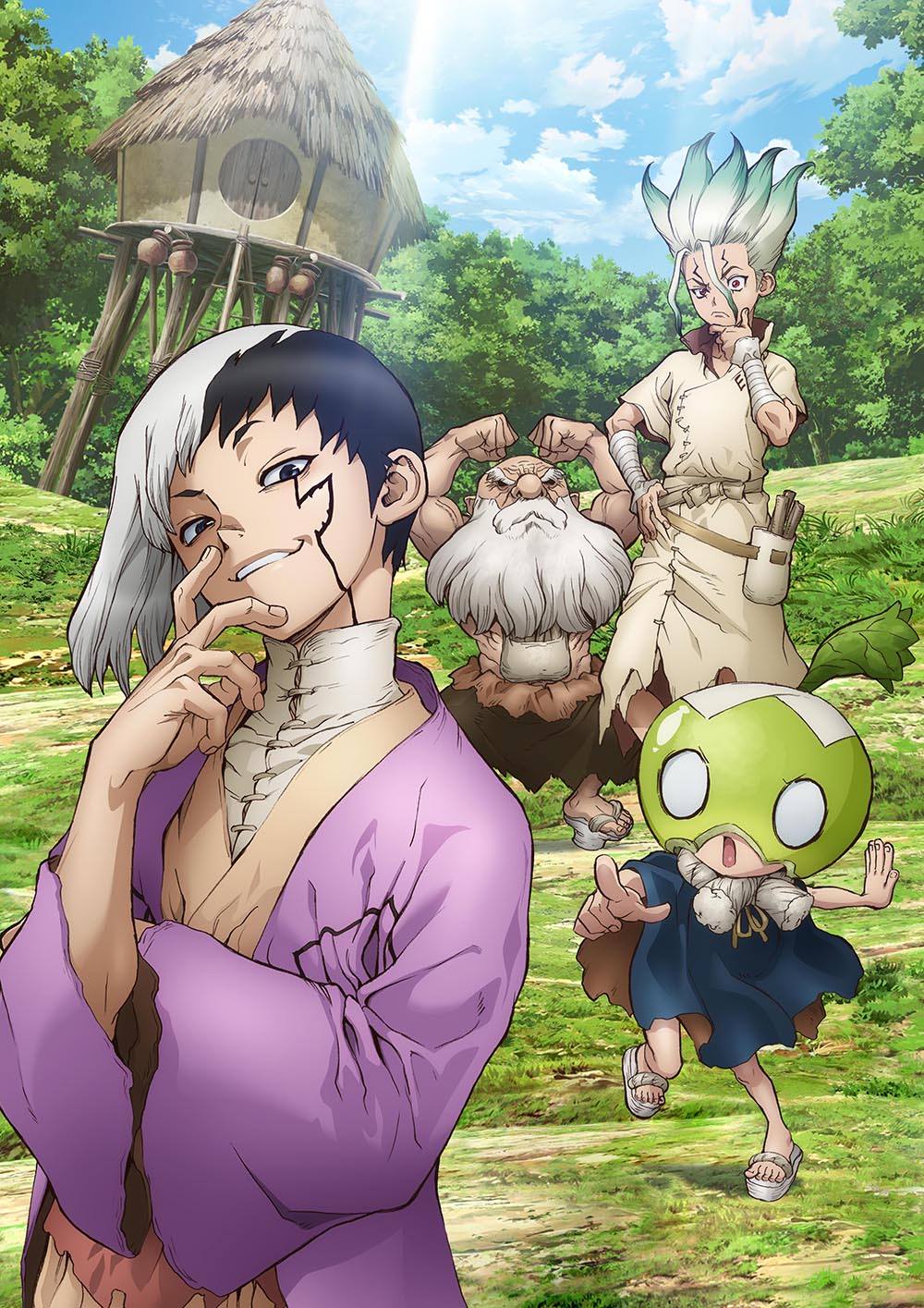 1girl, 3boys, asagiri_gen, bald, bandaged_arm, bandages, beard, black_hair