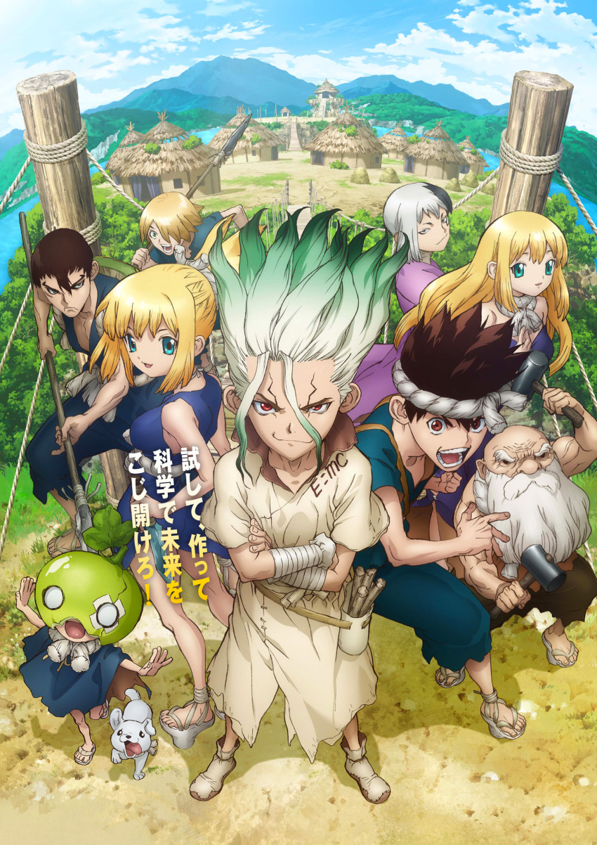 3girls, 6+boys, absurdres, asagiri_gen, beard, black_hair, blonde_hair, blue_dress