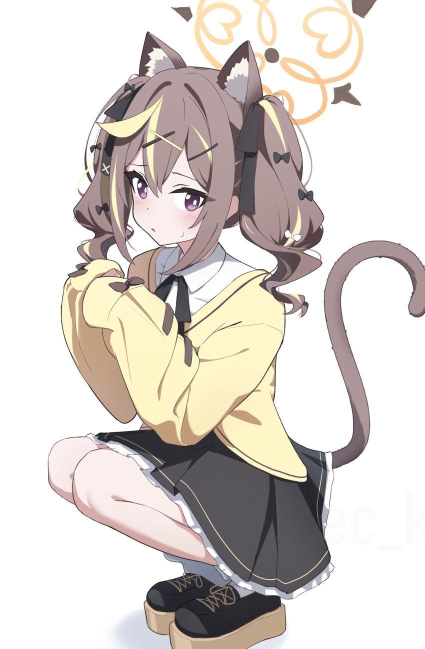 1girl, absurdres, animal_ear_fluff, animal_ears, black_bow, black_ribbon, black_shoes, black_skirt, blonde_hair, blue_archive, blush, bow, bright_pupils, brown_hair, cardigan, cat_ears, cat_girl, cat_tail, closed_mouth, collared_shirt, commentary_request, cross-laced_shoes, double-parted_bangs, extra_ears, frilled_skirt, frills, frown, full_body, hair_between_eyes, hair_bow, hair_ornament, halo, hands_up, highres, kemonomimi_mode, long_hair, looking_at_viewer, miniskirt, multicolored_hair, neck_ribbon, orange_halo, pleated_skirt, rena_(blue_archive), ribbon, school_uniform, shirt, shoes, sidelocks, simple_background, skirt, sleeves_past_fingers, sleeves_past_wrists, solo, squatting, streaked_hair, sweatdrop, tail, tail_raised, twintails, two-tone_hair, vec_ka, violet_eyes, wavy_hair, white_background, white_pupils, white_shirt, x_hair_ornament, yellow_cardigan