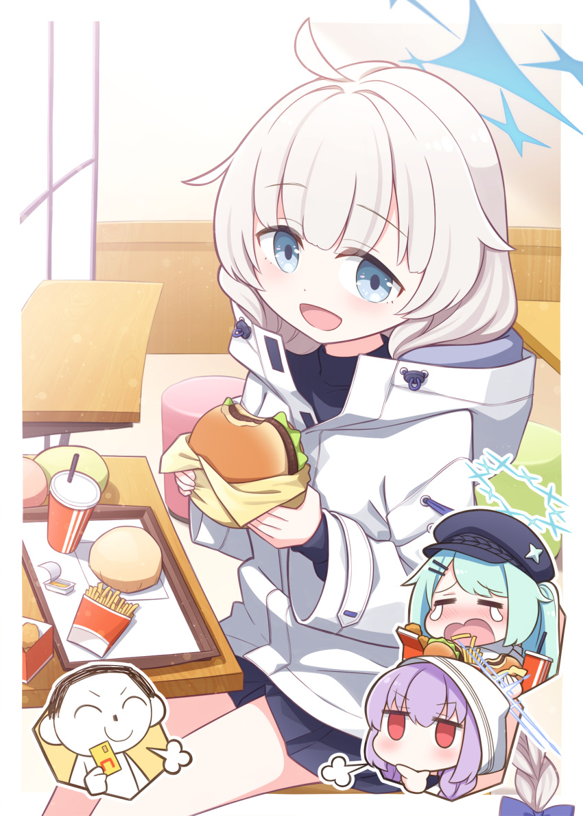 1boy, 3girls, :d, atsuko_(blue_archive), black_hat, blue_archive, blue_eyes, blue_hair