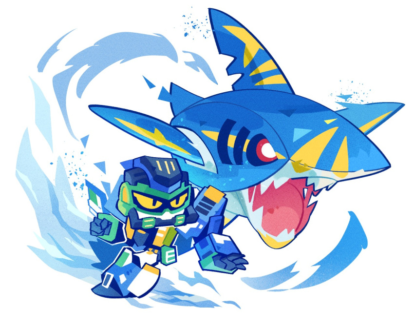 1boy, bradyclaph83904, chibi, crossover, deep_bite, full_body, mecha, mega_sharpedo