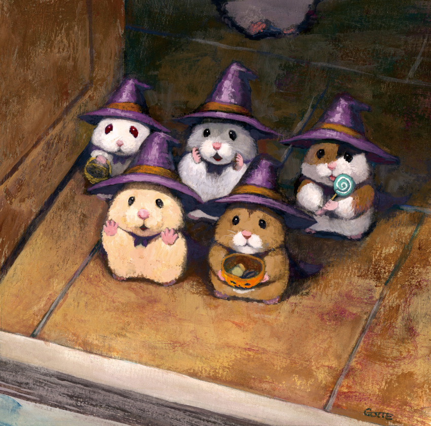 absurdres, animal_focus, bucket, candy, commentary, english_commentary, food, gotte, halloween, halloween_bucket, hamster, hands_on_own_face, hat, highres, holding, holding_bucket, holding_candy, holding_food, lollipop, no_humans, original, purple_hat, swirl_lollipop, witch_hat