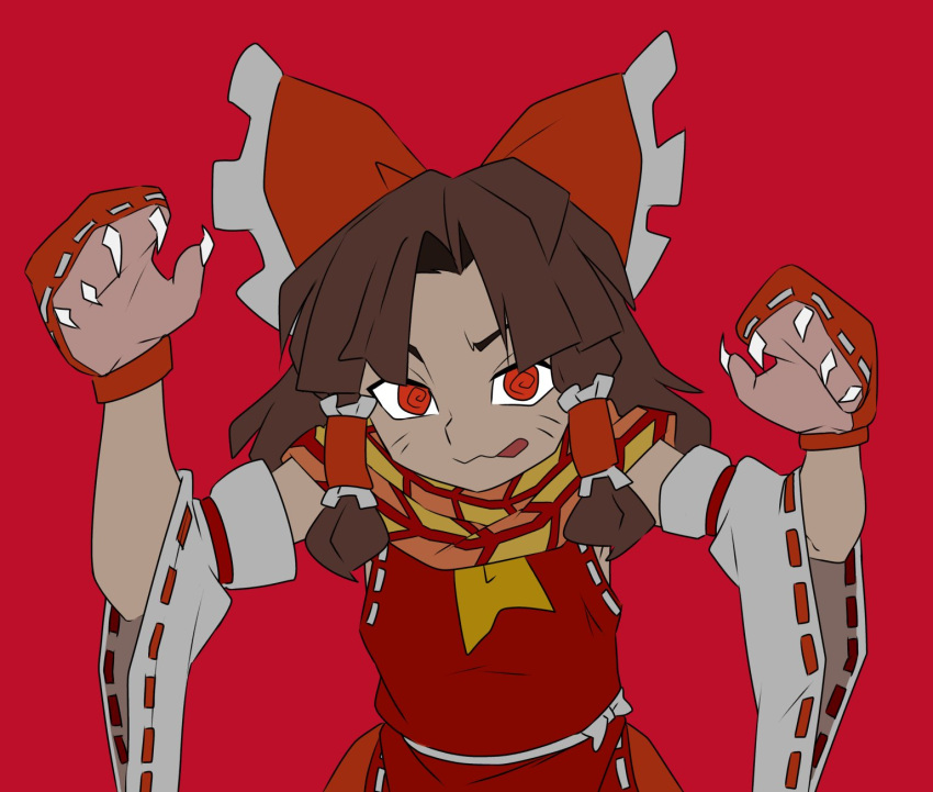 1girl, 231372950977, :3, :q, @_@, ascot, benikurage_(cookie), bow, brown_hair, closed_mouth, commentary_request, cookie_(touhou), detached_sleeves, facial_mark, flat_color, frilled_bow, frilled_hair_tubes, frills, hair_bow, hair_tubes, hakurei_reimu, highres, looking_at_viewer, mittens, parody, parted_bangs, red_background, red_bow, red_eyes, red_mittens, red_shirt, red_skirt, ribbon-trimmed_sleeves, ribbon_trim, scarf, scotch_(cookie)_(style), shirt, simple_background, skirt, skirt_set, sleeveless, sleeveless_shirt, smile, solo, striped_clothes, striped_scarf, style_parody, tongue, tongue_out, touhou, upper_body, whisker_markings, white_sleeves, yellow_ascot, yellow_scarf