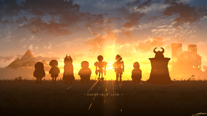 alphys, anniversary, asgore_dreemurr, cityscape, clouds, copyright_name, everyone, fantasy, frisk_(undertale), highres, landscape, mountain, outdoors, papyrus_(undertale), rune_xiao, sans_(undertale), scenery, signature, silhouette, sky, standing, sunset, toriel, undertale, undyne, utdr_(toby_fox), warm_colored, wide_shot