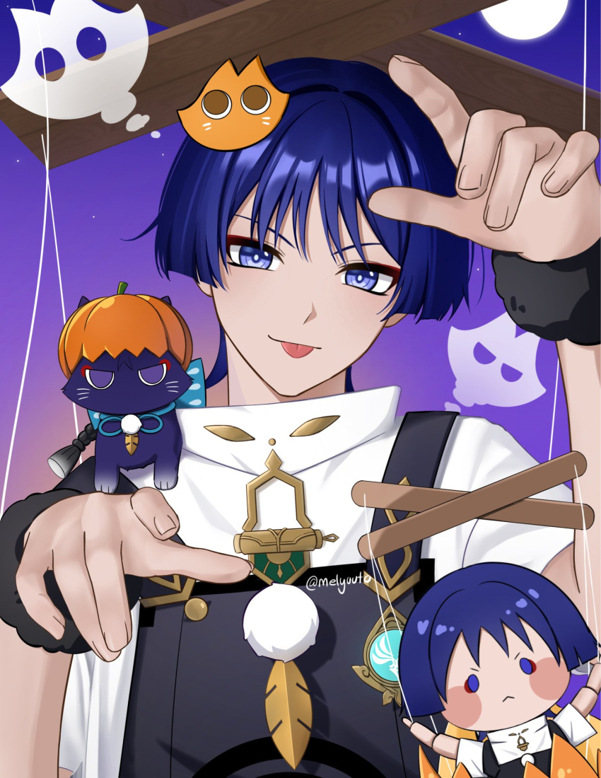 1boy, anemo_symbol_(genshin_impact), animal_on_shoulder, animalization, aqua_gemstone, black_overalls, blunt_ends, bright_pupils